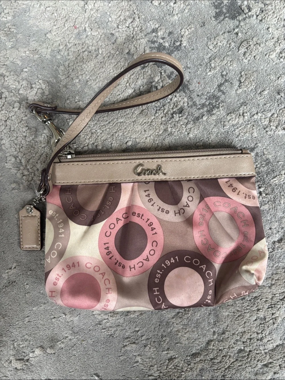 Coach Pink and Brown Circular Signature Wristlet